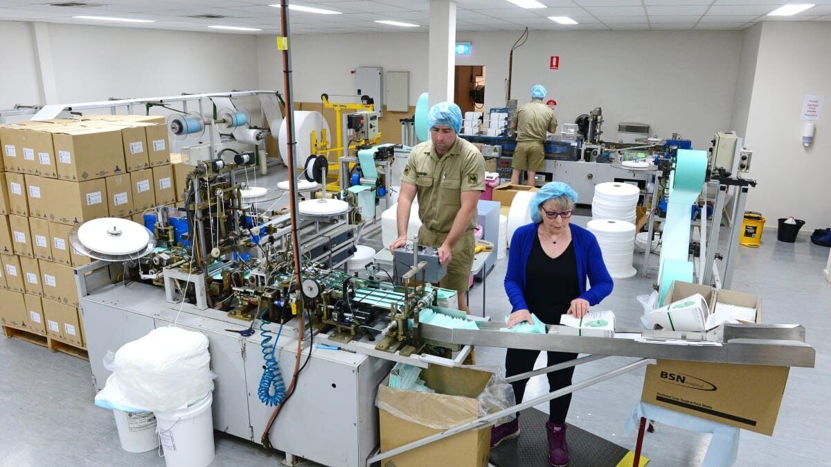 Med-con mask factory in Shepparton, with help from the ADF manufacturing surgical masks. source: www.sheppnews.com.au/